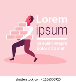 man builder carrying bricks stack businessman successful business startup concept construction performance male cartoon character full length flat copy space vector illustration