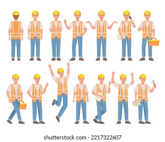 Carácter Man Builder en el sombrero duro y Warnvest en un conjunto de vectores de presión y gesto diferente