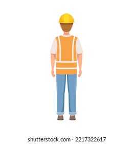 Man Builder Character in Hard Hat and Warnvest in Standing Pose Back View Vector Illustration