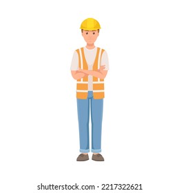 Man Builder Character in Hard Hat and Warnvest Standing with Folded Arms and Sad Grimace Vector Illustration