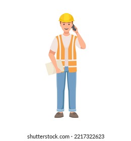 Man Builder Character in Hard Hat and Warnvest Standing and Speaking by Phone Vector Illustration