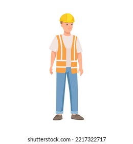 Man Builder Character in Hard Hat and Warnvest in Standing Pose Vector Illustration