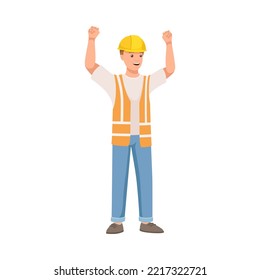 Man Builder Character in Hard Hat and Warnvest Cheering with Clenched Fist Vector Illustration