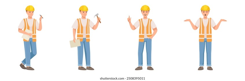 Personagem Man Builder no chapéu duro e colete em pose diferente e conjunto de vetor de gesto