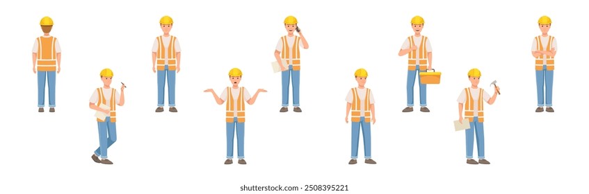 Man Builder Character in Hard Hat and Vest in Different Pose and Gesture Vector Set