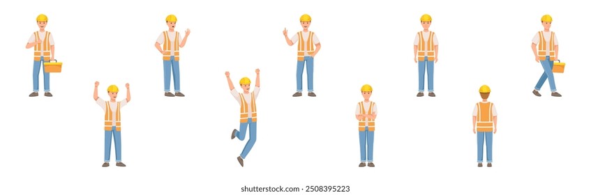 Personaje del constructor del hombre en el sombrero duro y chaleco en diversa pose y sistema de Vector del gesto