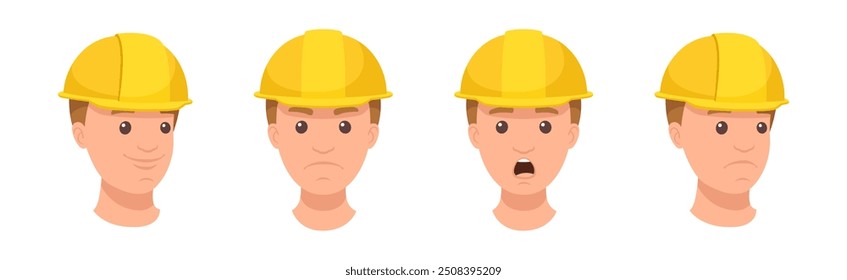 Man Builder Character Head in Yellow Hard Hat and Face Expression Vector Set