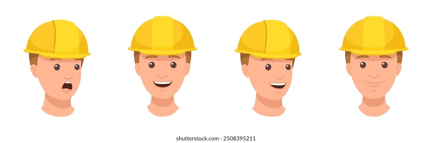Man Builder Character Head in Gelber Hut und Gesicht Expression Vektor Set