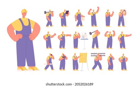 Carácter de constructor de hombres. Trabajador de la construcción industrial, arquitecto aislado. Hombre ocupado con casco, ingeniero industrial trabajando con conjunto de vectores de herramienta