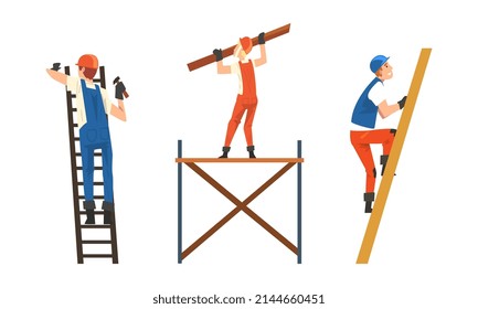 Man Builder Character in Orange Overall and Hard Hat on Scaffold and Climbing Ladder Building House Vector Set