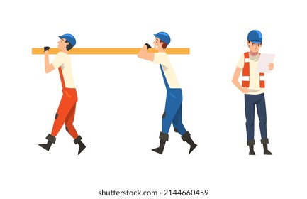 Man Builder Character in Orange Overall and Hard Hat in Gloves Carrying Lumber Vector Illustration Set