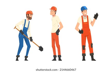 Man Builder Character in Orange total und Hard Hat in Handschuhen und mit Shovel Building House Vektorgrafik Set