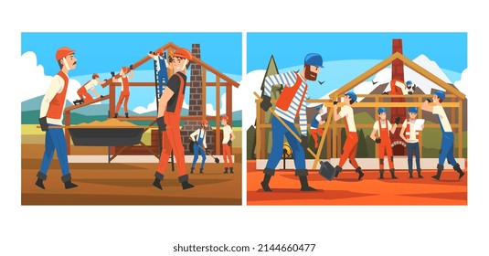 Man Builder Character in Orange Overall and Hard Hat Building House Vector Illustration Set