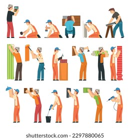 Man Builder Character in Orange Overall and Cap Engaged in Construction Work Big Vector Set