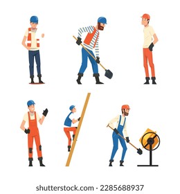 Man Builder Character in Overall and Hard Hat Building House Vector Set