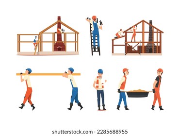 Man Builder Character in Overall and Hard Hat Building House Vector Set