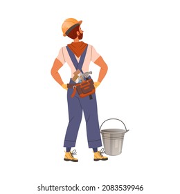 Man Builder Character Standing Near Bucket Looking Up Vector Illustration