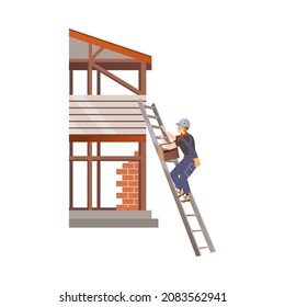 Man Builder Character with Toolbox Climbing Up the Ladder to House Roof Top Vector Illustration