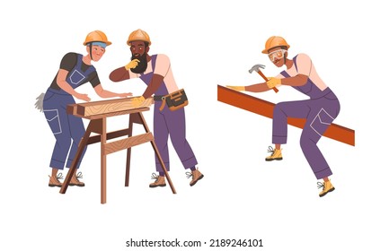 Man Builder Character with Wooden Bar and Hammer Building House Vector Set
