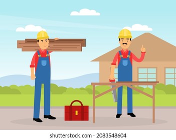 Man Builder Character in Yellow Hard Hat Holding Wood Material at Construction Site Engaged in House Building Vector Illustration