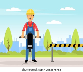 Personaje de Man Builder en Sombrero duro amarillo con perforación de roca en obra envuelta en iluminación de vectores de trabajo por carretera