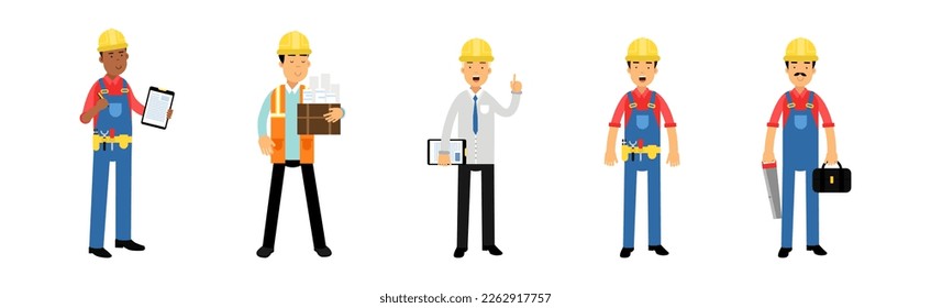 Man Builder and Construction Worker in Hard Hat and Overall Working at Site Vector Set