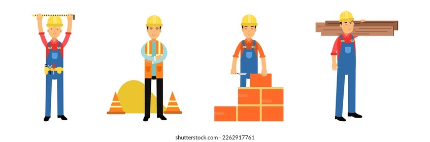 Man Builder and Construction Worker in Hard Hat and Overall Working at Site Vector Set