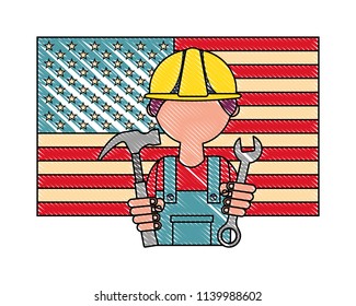 man builder with flag USA and tools