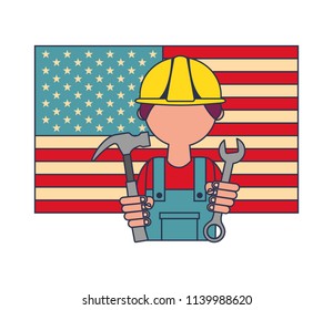 man builder with flag USA and tools
