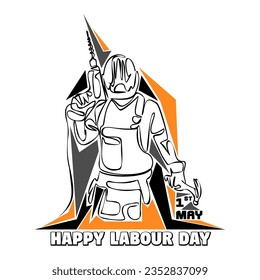 A man builder in a helmet with a drill. Isolated vector object by hand on a white background