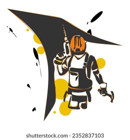A man builder in a helmet with a drill. Isolated vector object by hand on a white background