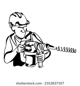 A man builder in a helmet with a drill. Isolated vector object by hand on a white background