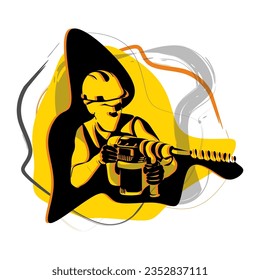 A man builder in a helmet with a drill. Isolated vector object by hand on a white background