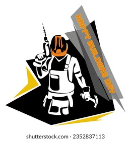 Ein Mann baut in einem Helm mit einer Bohrmaschine. Einzeln Vektorobjekt von Hand auf weißem Hintergrund
