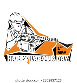 A man builder in a helmet with a drill. Isolated vector object by hand on a white background