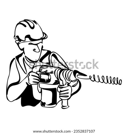 A man builder in a helmet with a drill. Isolated vector object by hand on a white background