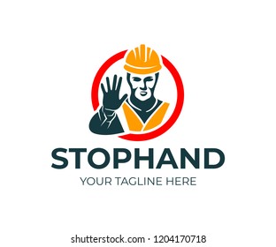 Man builder in helmet and reflective vest gesturing with stop hand in red circle, logo design. Construction, road works, warning sign of danger, stop entrance denied, vector design and illustration