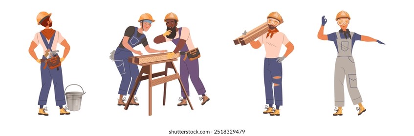 Man Builder and Industrial Worker in Helmet Vector Set