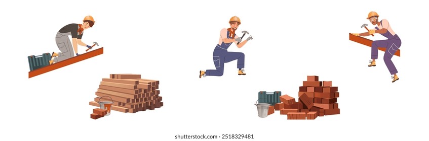 Man Builder and Industrial Worker in Helmet Vector Set