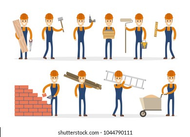 Man builder set. Male construction worker with poses.