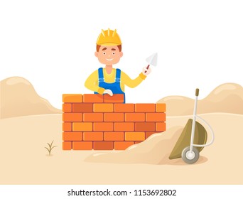 A man builder with a trowel in his hand builds a brick wall. Against the backdrop of a drift of sand and an inverted wheelbarrow. Housing construction. Flat composition, isolated on white background