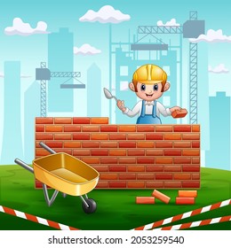 Un hombre que construye una galletita en su mano construye una pared de ladrillo