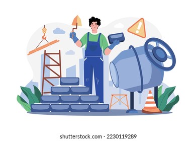 Man Builder With Trowel Laying Bricks In Wall