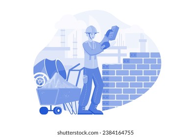 Man Builder With Trowel Laying Bricks In The Wall