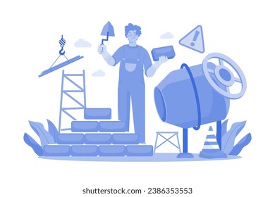 Man Builder With Trowel Laying Bricks In Wall