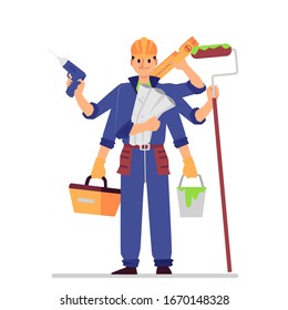 A man builder in a uniform and helmet holds in his hands various equipment and tools, a drill and a bucket of paint. Concept of construction industry, isolated flat cartoon vector illustration.