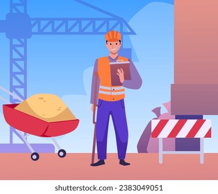 Constructor de hombres con uniforme de casco y chaleco con estilo de muleta plana, ilustración vectorial. Concepto de trabajo de personas discapacitadas, inclusión, carácter feliz, construcción