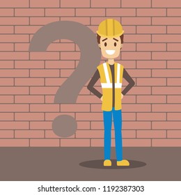 Man builder in uniform holding a shovel. Male character in a helmet standing at a big question mark. Flat vector illustration