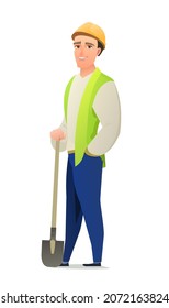 Man builder in vest and protective helmet. Guy worker. Cheerful person. Standing pose. Cartoon comic style flat design. Single character. Illustration isolated on white background. Vector