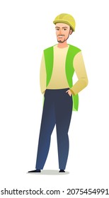 Man builder in vest and protective helmet. Guy worker. Cheerful person. Standing pose. Cartoon comic style flat design. Single character. Illustration isolated on white background. Vector.